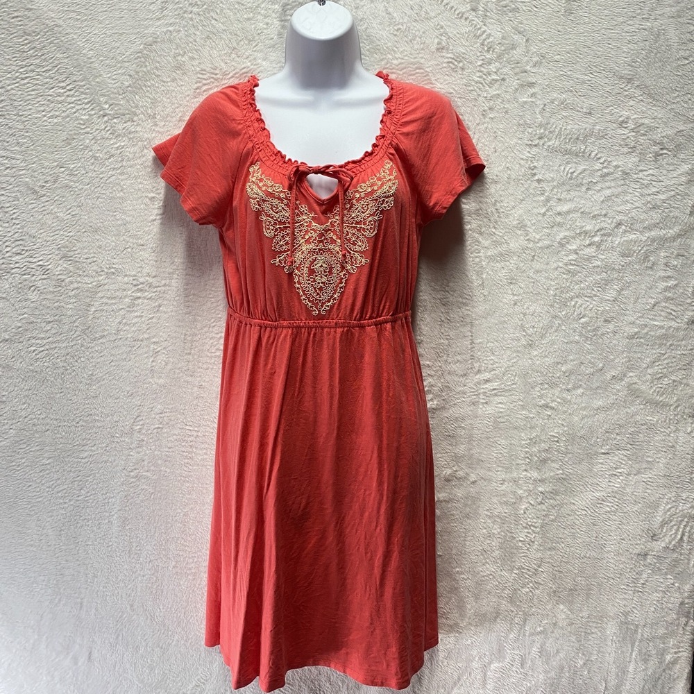 Sonoma Embroidered Dress Boho Small Coral Cotton Short Sleeve Beach Cruise